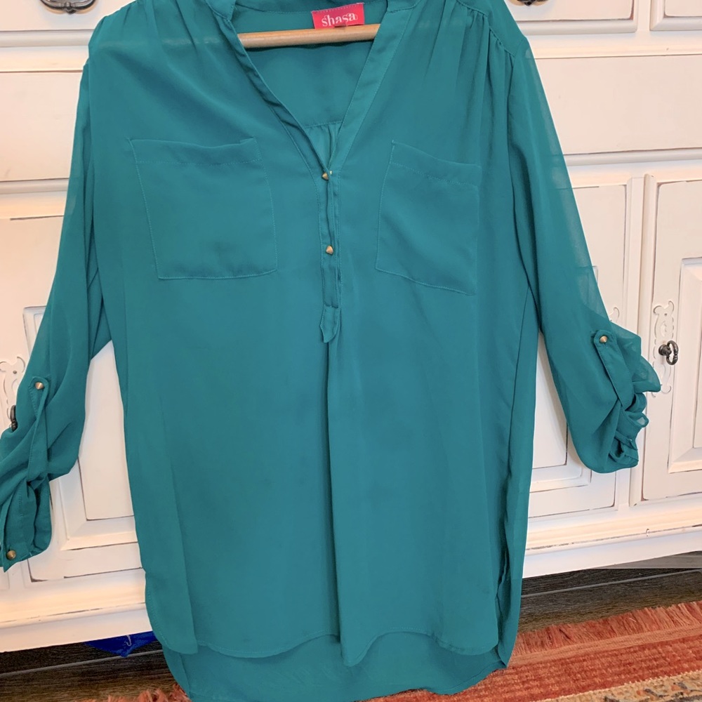 Shasa Chiffon Blouse, Gold Stud Buttons & Pockets